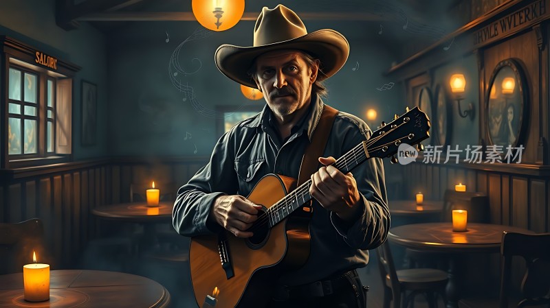 牛仔吉他手在昏黄的酒吧里弹奏旋律