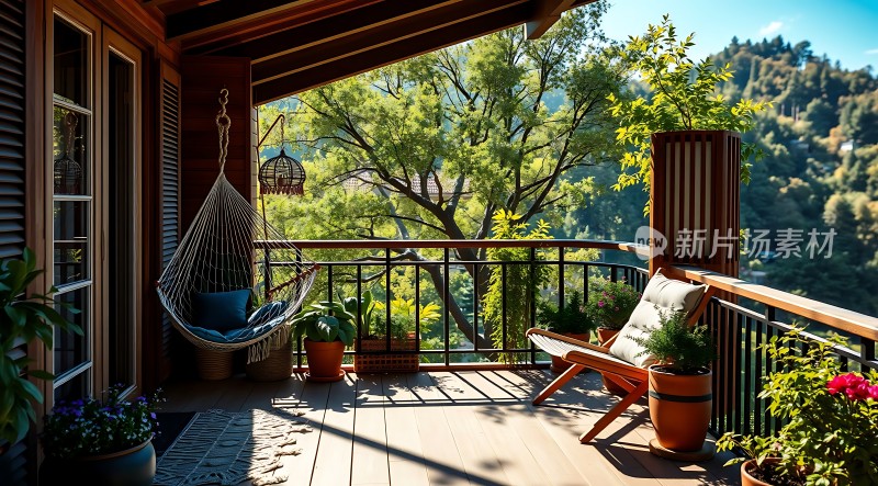 阳光午后绿意盎然的小阳台休闲时光