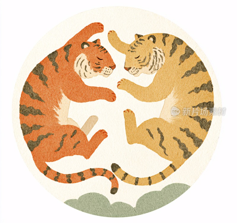 两只互动的老虎插画