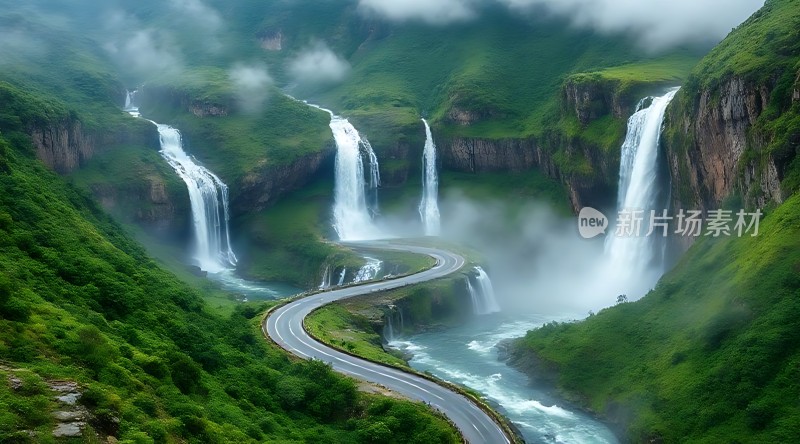 九寨沟瀑布群与蜿蜒公路