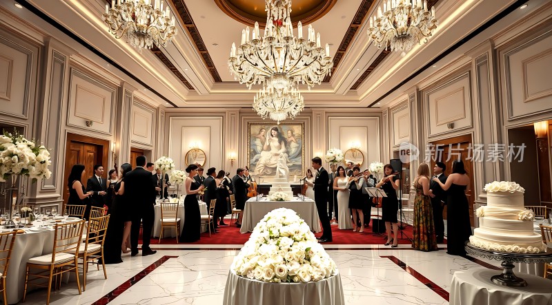 豪华宴会厅白色花卉装饰精美蛋糕宾客齐聚