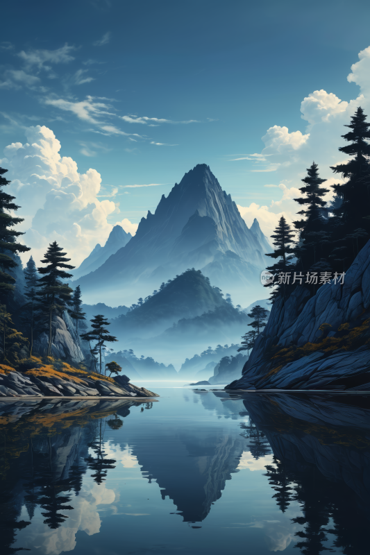 一个山湖树木和山脉高清插画图片