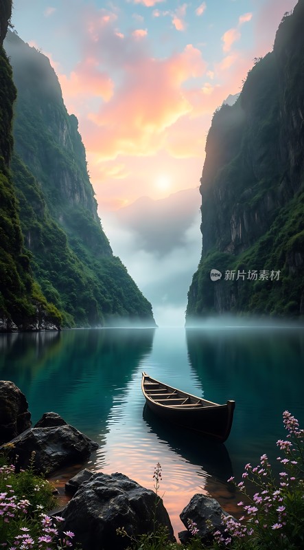 日出湖畔小舟静卧