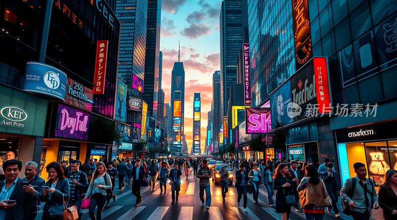 繁华都市街头霓虹闪烁人群熙攘