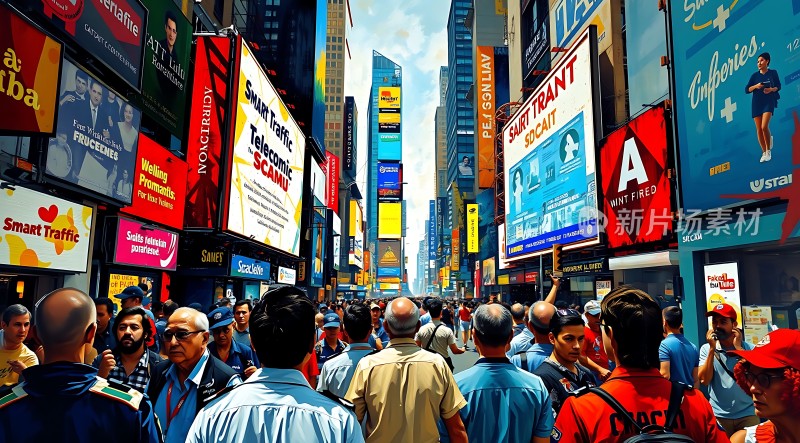 繁华都市街头人群熙攘广告牌林立