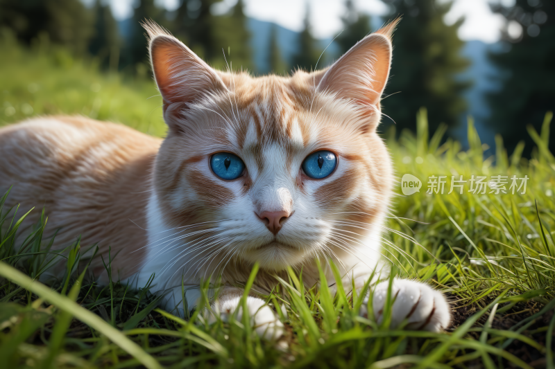 一只猫躺在草丛中眼睛是蓝色的高清风景图片