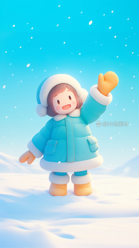 冬天雪地里行走的可爱女生卡通人物形象