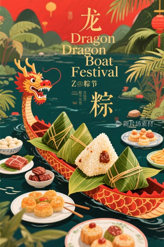 端午节龙舟粽子插画