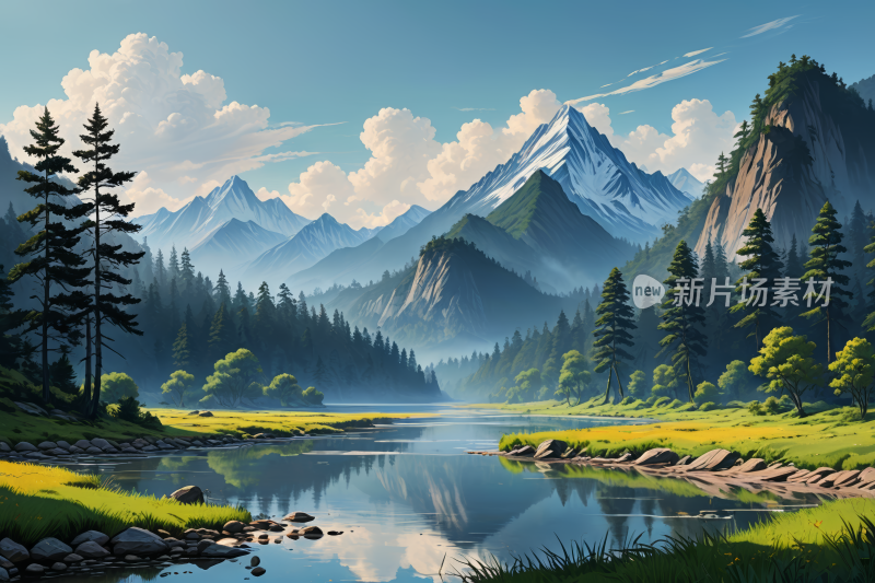 有河流和森林山景高清风景插画图片