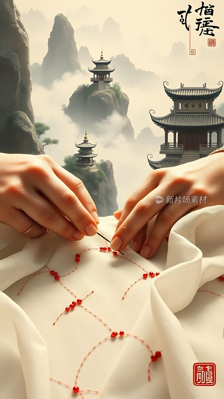 绣女巧手绣山水楼阁云雾间