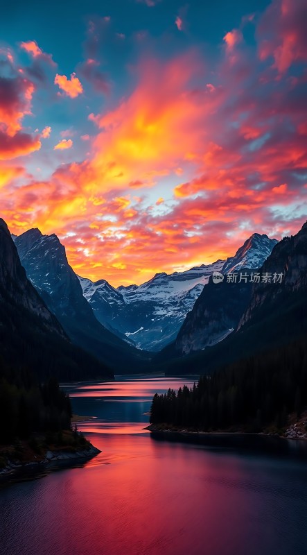 日落下的雪山湖泊