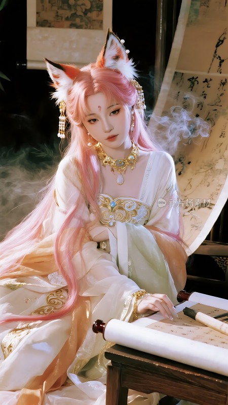 粉发狐耳古装美女