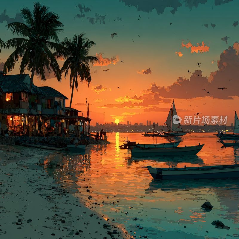 海边夕阳下的宁静景象