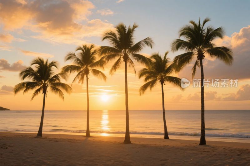 海滩夕阳棕榈树风景