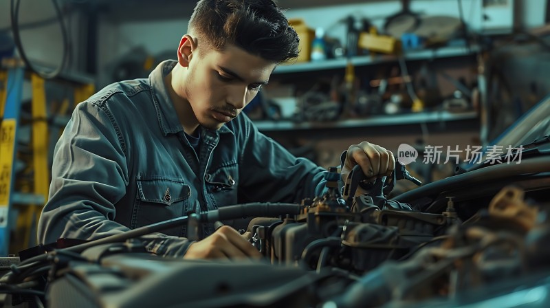 机械师专注检修汽车引擎