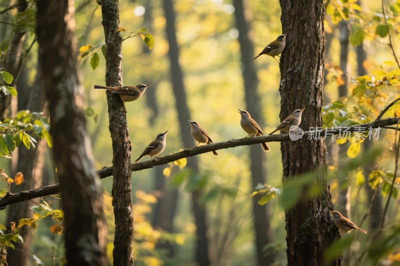森林小鸟栖息图