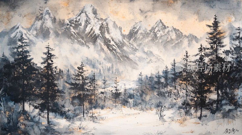 雪山水粉画