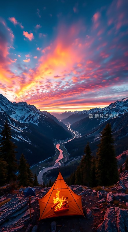 日落下的露营篝火与山脉