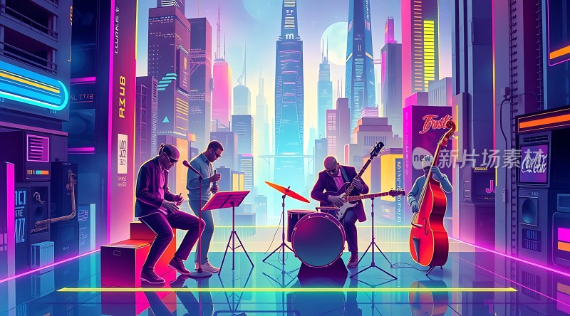 霓虹城市街头乐队演奏