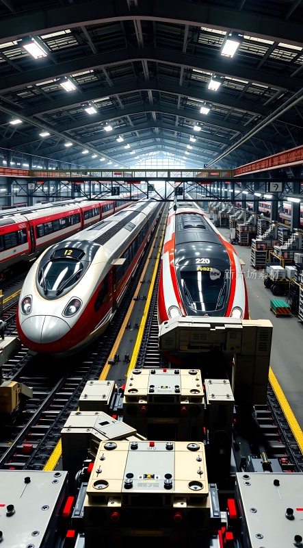 高铁车间内两列高速列车停靠在铁轨上