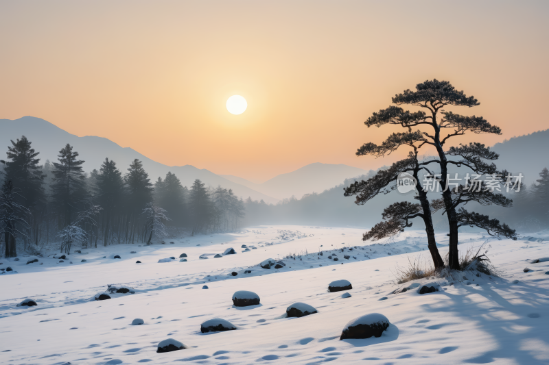 雪景远处一棵孤树和一座高山清插图片