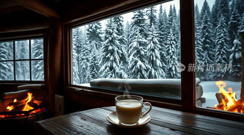 冬日暖炉旁的热饮与雪景