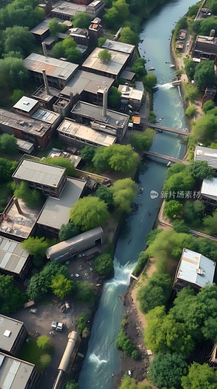 河流穿城而过绿树环绕建筑群