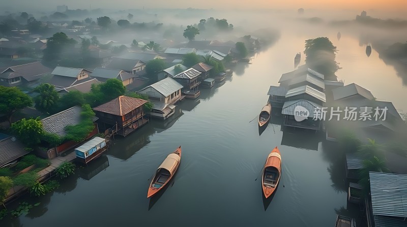 晨雾中的水上村落