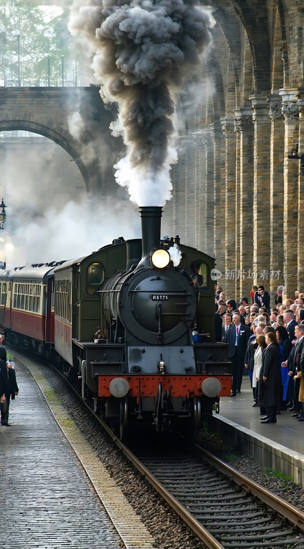 蒸汽火车驶入古老站台人群围观