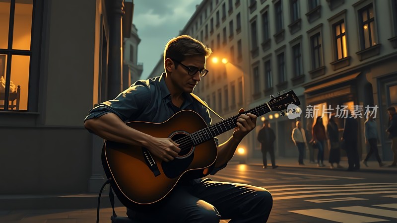 街头吉他手夜色下的旋律