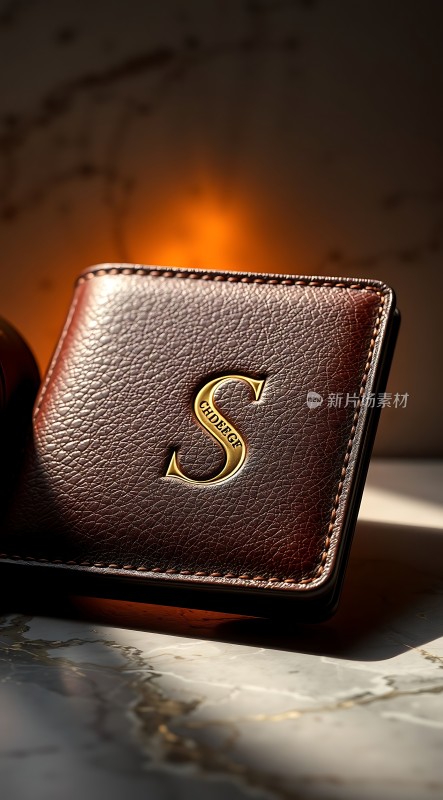 金色字母S棕色皮质钱包