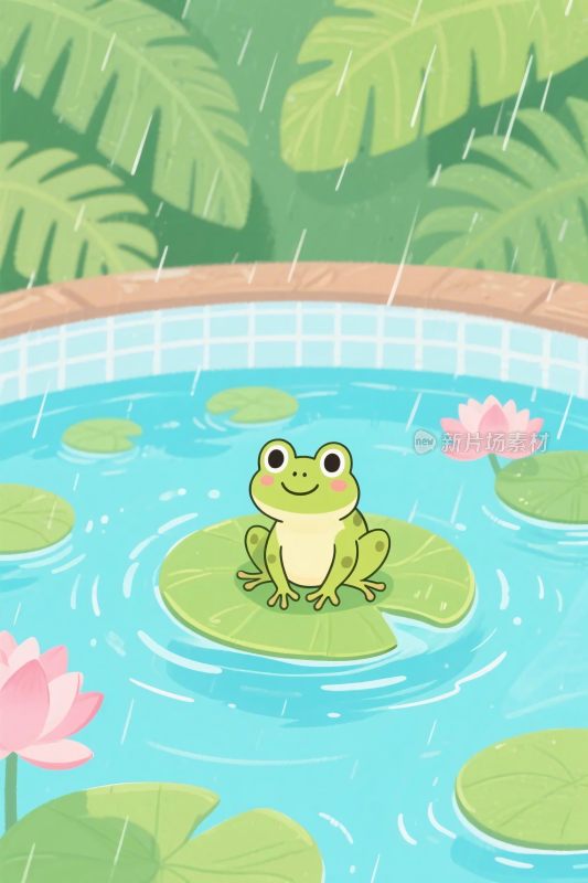 青蛙荷叶雨景插画