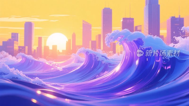 城市与海浪的梦幻日落景象