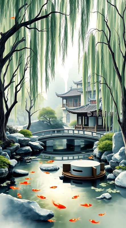 古桥柳影映碧波金鲤戏水添幽静
