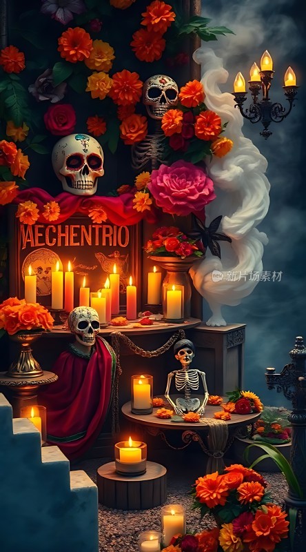 亡灵节祭坛骷髅与蜡烛共舞