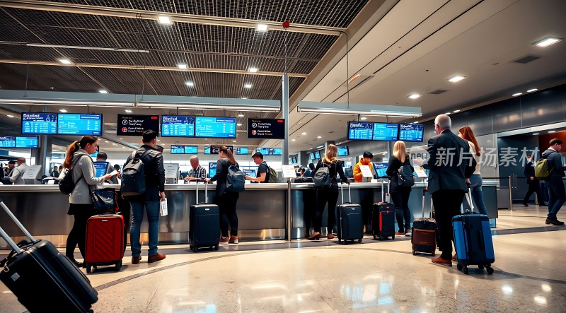 机场柜台前的旅客们等待办理登机手续
