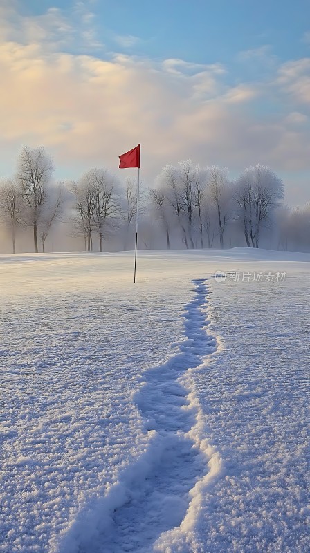 雪地上的红色旗帜与脚印