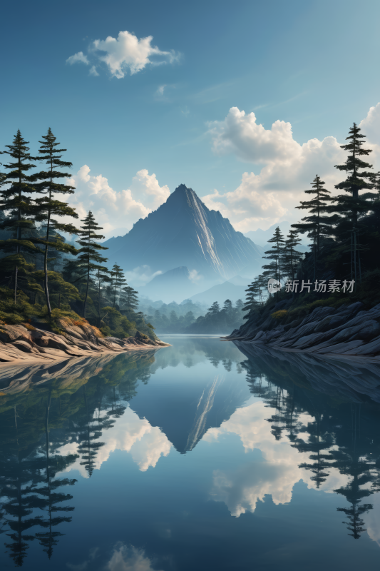 远处一座山前景是一个湖高清风景插图片