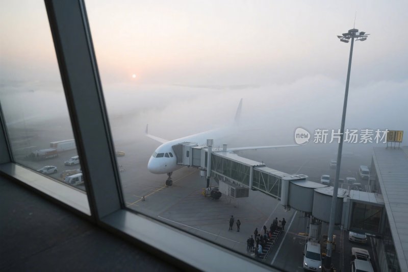 机场登机桥飞机雾景
