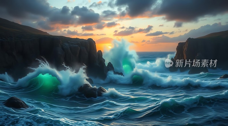 日落时分的海浪与岩石