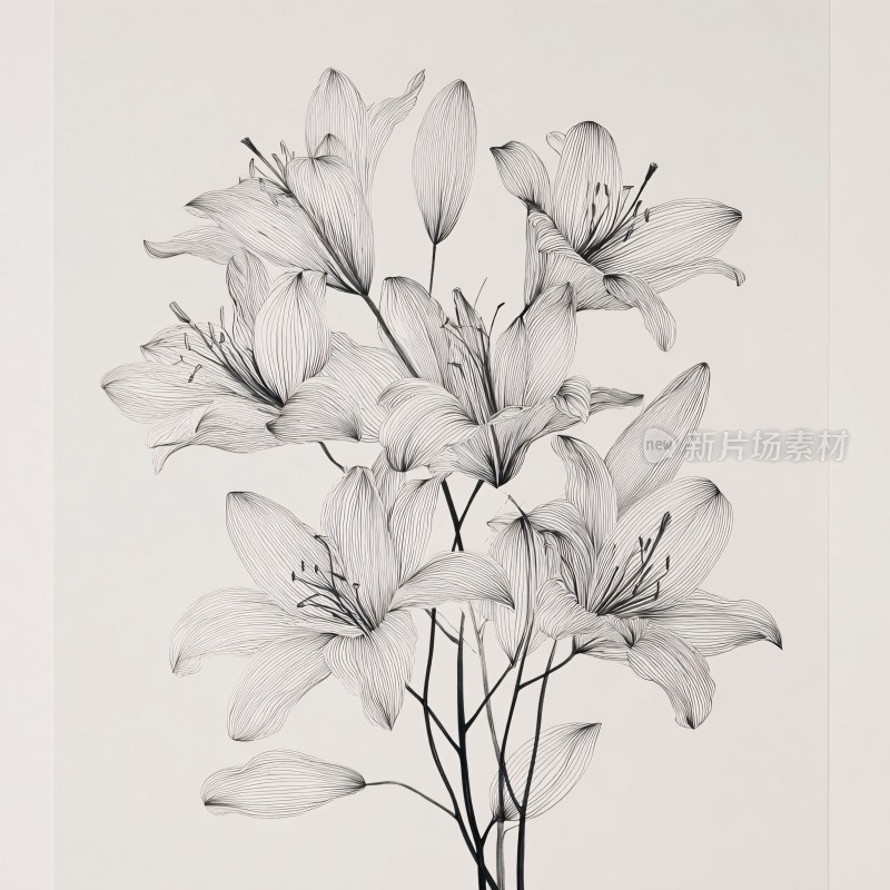 黑白手绘百合花插画