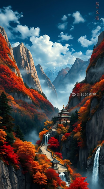 秋日山间瀑布飞流直下红叶满山楼阁隐现