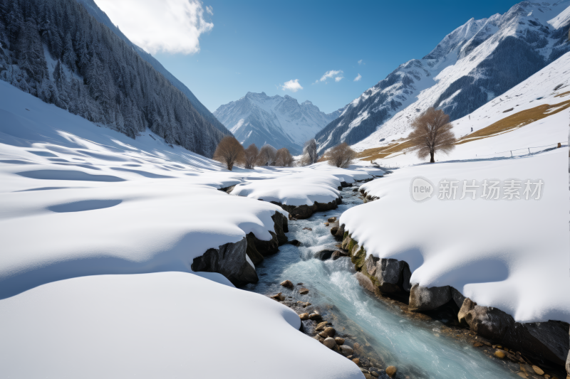 雪山景观溪流和树木高清风景图片