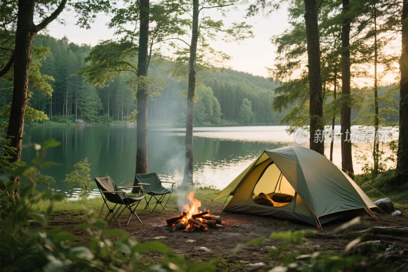 湖畔森林中的露营场景