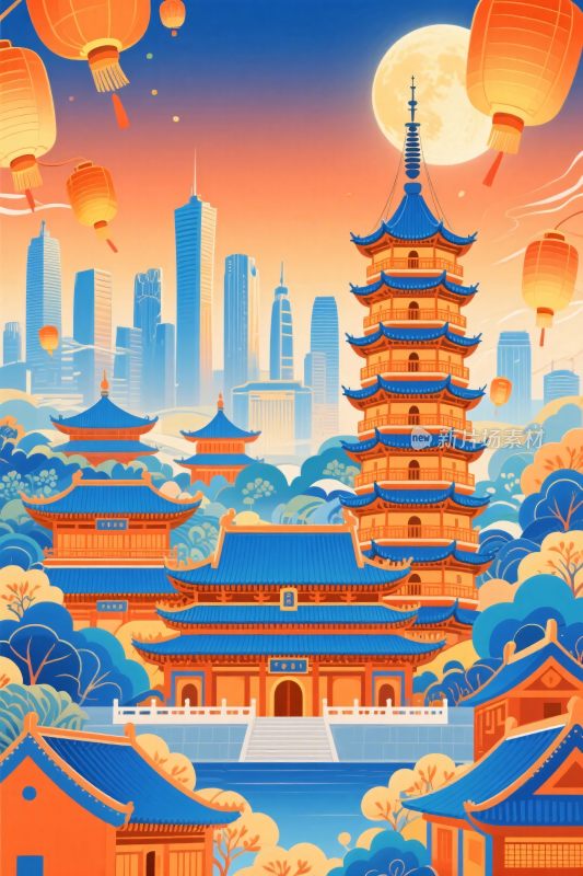 国潮古建与现代城市插画