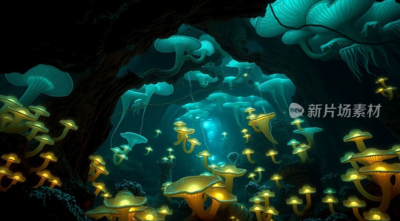 神秘洞穴中的荧光蘑菇世界