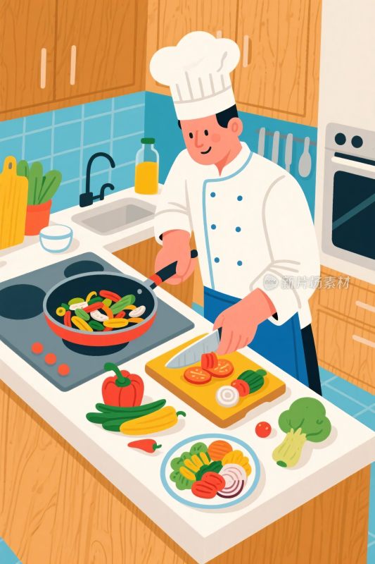 厨师烹饪食材的厨房插画