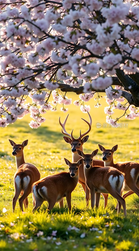 春日鹿影映花丛