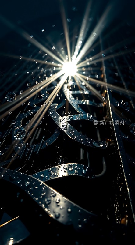 阳光下的水滴与金属线条交织