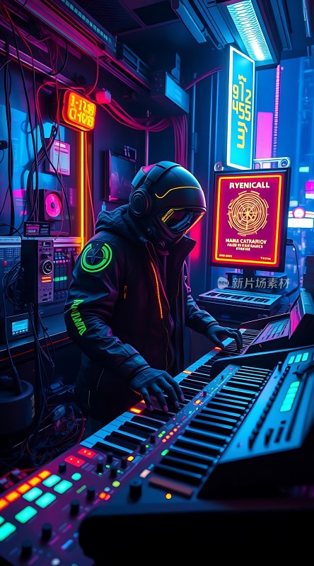 赛博朋克音乐家在霓虹灯下创作